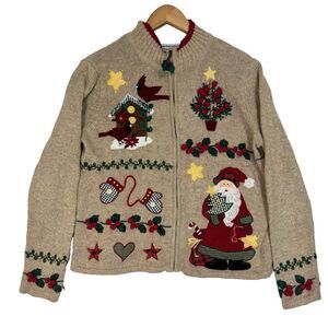 Vtg Tiara International Wool Blend Christmas Sweater Sz M Full Zip Embroidered